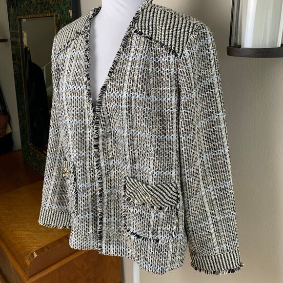 Chico’s Size 3 (XL 16/18) Tweed Jacket Open Front Black White Gold Fringe Trim - Picture 9 of 9